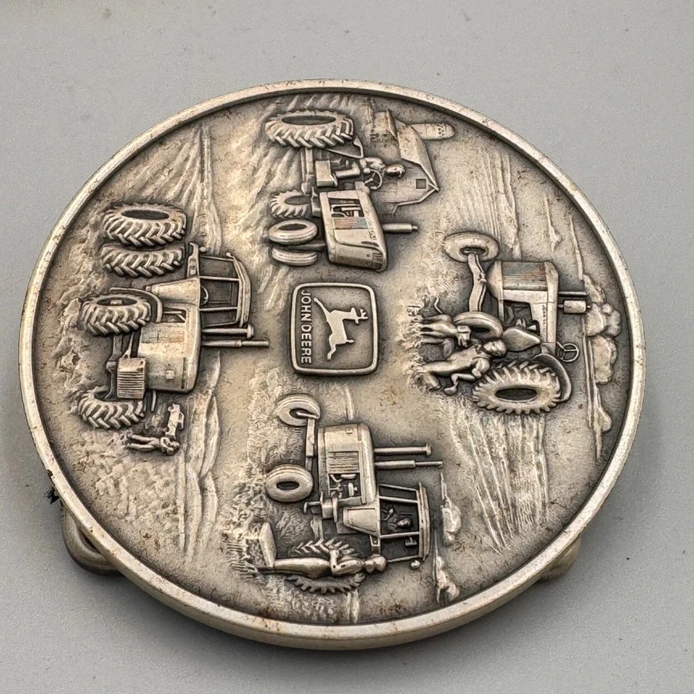 Vintage 1982 John Deere MACO Bronze .999 Silver Plate Tractor Belt Buckle Round